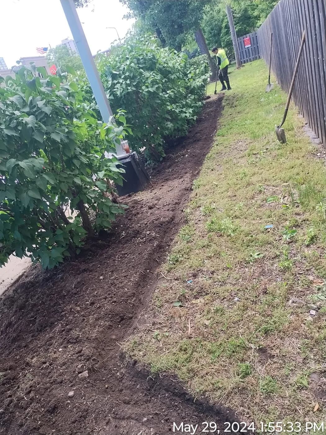 Bed line being cut and cleared along a shrub row